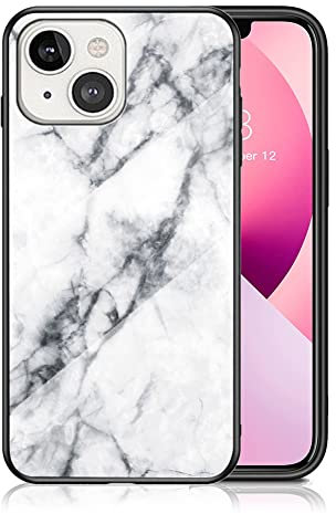 IMEIKONST Compatible with iPhone 13 Mini 5.4 inch Glass Case, Marble Slim Shockproof Glossy Soft Silicone TPU Stylish Protective Rubber Bumper Cover for iPhone 13 Mini. White LSM