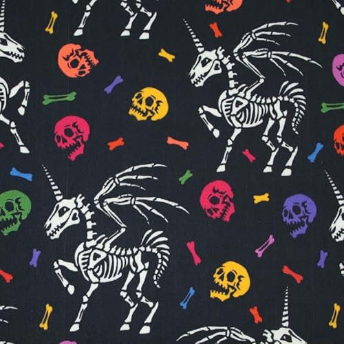 Schwarzes Einhorn Skelett Totenköpfe Bunte Knochen Halloween 100% Baumwolle Stoff (1 Meter, Schwarz 7348)