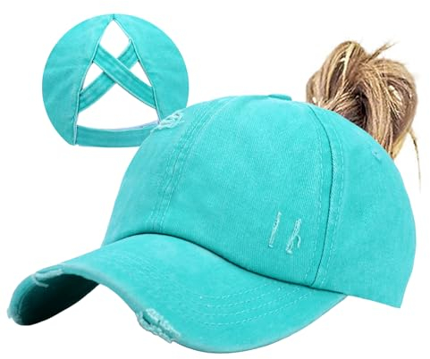 Criss Cross Pferdeschwanz-Mütze, gewaschene Baseballkappe, verstellbar, hoch, unordentlich, Ponycap für Damen, Hell, blau, Einheitsgr��e
