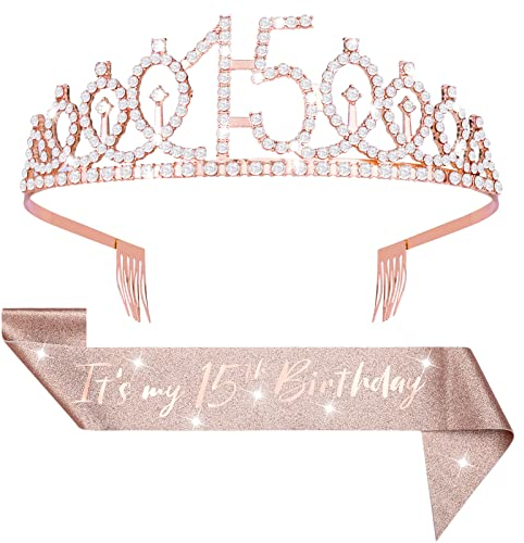 Abeillo 15. Geburtstagskrone, Geburtstagsschärpe 15 Jahre Mädchen, 15. Geburtstag Krone und Schärpe, It's My 15th Geburtstag Krone für 15 Jahre Mädchen Party Geschenk Geburtstag Deko
