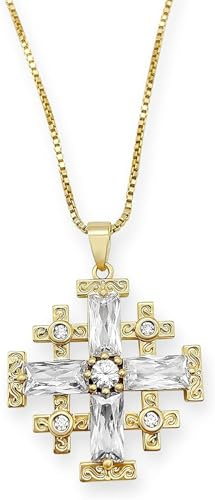 Nazareth Store Anhänger Jerusalem-Kreuz der Kreuzfahrer mit Gelbgold 18 Karat mit kristallisiertem blauem Topas und Halskette (Klar)