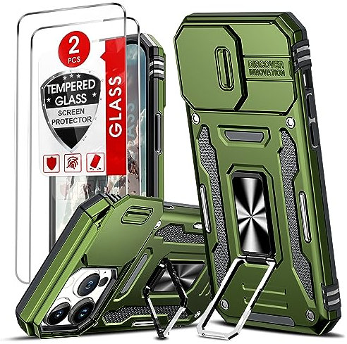 LeYi for iPhone 14 Pro Max Case: Armour Cases with 2 Tempered Glass Screen Protectors | Camera Lens Cover Slider | Ring Stand Holder | Military Protective Shockproof Phone Cover, Green