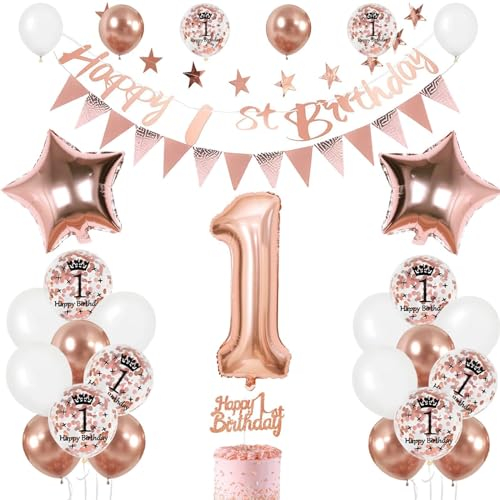 Luftballon 1. Kinder Geburtstag Roségold, Mädchen Geburtstagsdeko 1 Jahr, Ballon 1. Geburtstag mit Banner Zahl 1 Ballons Geburtstag Tortendeko Ballon 1 Deko für 1. Jahre Mädchen Kinder Geburtstag