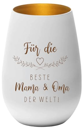 KT-Schmuckdesign Windlicht - Für die Beste Mama & Oma der Welt - Teelichthalter, Geschenkidee, Geburtstag, Weihnachten, Muttertag, Mutter, weiß Gold