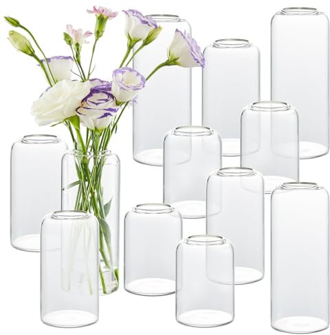 Knospenvasen in Großpackung mit 12 kleinen Glasvasen für Blumen, moderne zylinderförmige Blumenvasen für Hochzeit, Tafelaufsatz, Wohnzimmer, Dekoration, Heimdekoration