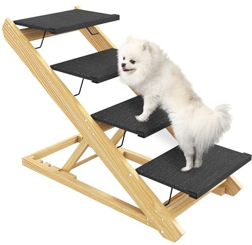 PawHut Dog Steps Dog Ramp, 4-Step Adjustable Height Pet Stairs for Large Sized Dogs, Foldable Dog Stairs for Bed Sofa, with Non-slip Surface