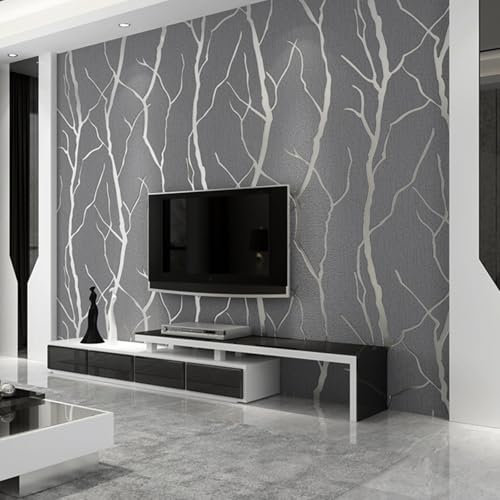 Trafagala 9.5 m x 0.53 m Silver Grey Glitter Striped Wallpaper Modern Damask Embossed Textured Wallpaper for Living Room Bedroom TV Background Non-Woven Wallpaper Roll Branches