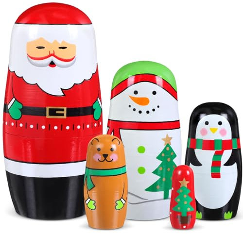 Gejoy Christmas Nesting Dolls Russian Matryoshka Dolls Wooden Handmade Nutcracker Nesting Dolls Wooden Collectible Dolls Gifts Toy Set for Adults Kids Home Decor(Christmas Color,Santa Claus Series)