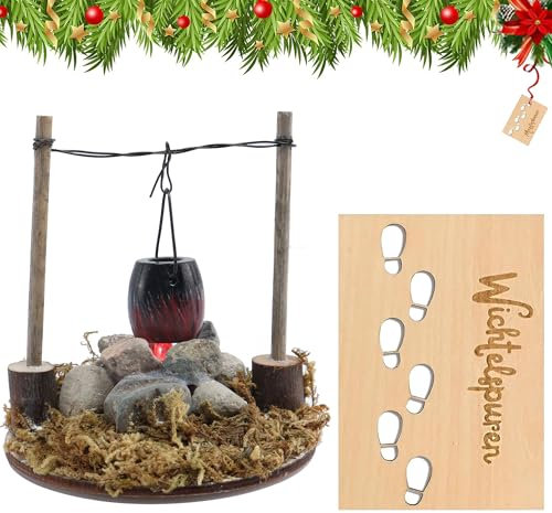 Wichtel Zubehör Weihnachten Wichtel Feuerstelle mit Hängendem Kübel, Mini Lagerfeuer mit LED, Wichtel Fußabdrücke Schablone DIY Puppenhaus Zubehör, Weihnachtsdekoration Lagerfeuer, Krippe Weihnachten