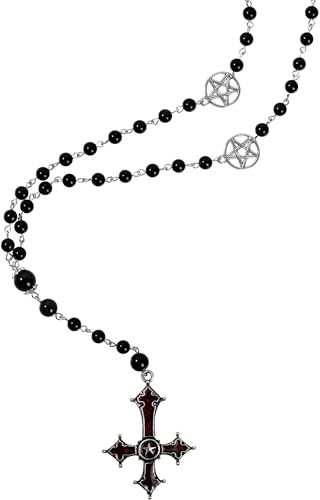 Hanary Gothic Goth Kreuz Halskette, Lange Perlenkette auf dem Kopf stehend Kreuz, Halloween Weihnachten Neujahr Schmuck Geschenk für Frauen
