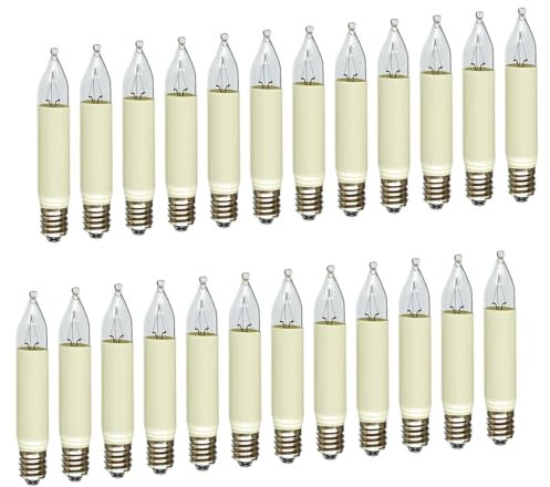 Erzgebirgslicht - AUSWAHL - 24 Stück Kleinschaftkerze 34V 3W E10 für 7 Brennstellen Ersatzbirne Glühbirne Minischaftkerze Glühlämpchen für Lichterketten Pyramide und Schwibbogen (keine LED!)