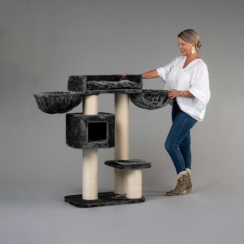 RHRQuality Cat Tree for Large Cats - Devon Rex Plus – 120 cm High – With 15 cm Sisal Posts & Playhouse – Dark Gray