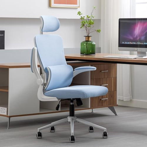 LIYURUI Ergonomischer Bürostuhl, Verstellbarer Schreibtischstuhl mit Kopfstütze/selbstadaptiver Lordosenstütze/gepolsterter hochklappbarer Armlehne, atmungsaktiv 125°Schaukeln 360°Drehstuhl, blau