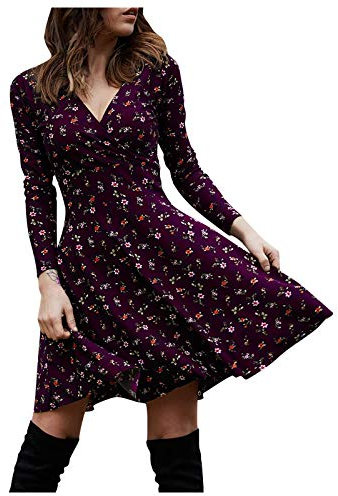 Darringls Robe plissée élégante pour femme - Couleur unie - Avec col roulé - Manches longues - Taille repliée - Longueur genou - Robe de loisirs - Robe patineuse - Robe de vacances, lilas, XL