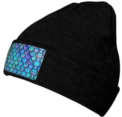 OKFSTY Meerjungfrauen-Mütze, Fischschuppe, weich, lässig, gestrickt, warm, Winter, Unisex, dick, warm, für Damen und Herren, Schwarz , Einheitsgröße