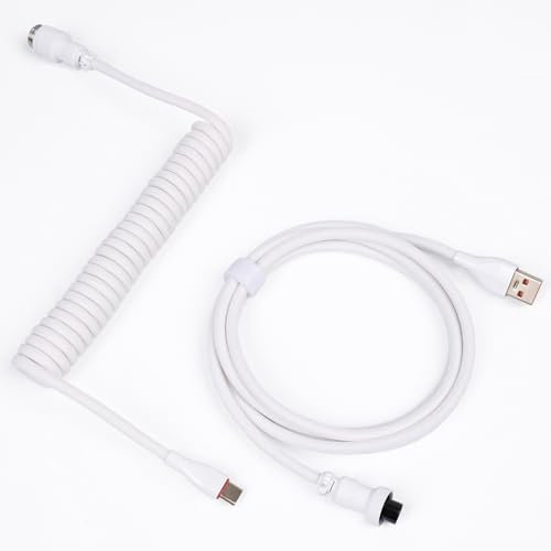 Sikai Coiled Keyboard Cable, USB-C Aviator Cable for Mechanical Keyboard, Type-C to USB-A HyperSpeed Line with 8KHz Return Rate with Metal Aviation Connector for PC Gaming Keyboard (White)