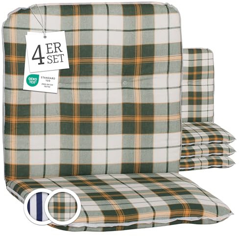 Beo Bali Gartenstuhl-Auflagen Niedriglehner 96x47 cm, 4er Set | Waschbare, UV-beständige Sitz-Kissen | Atmungsaktive Polster-Auflagen nach Öko-Tex Standard | Grün kariert | Made in EU