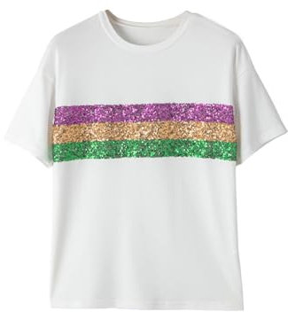 Bsubseach Fashion Damen Pailletten Schimmerndes Oberteil T-Shirt Glitzer Party Top Sommer Weiß L