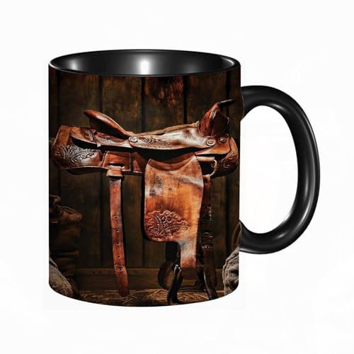 reyawdf Original Tasse mit lustigem Design,Western American West Traditioneller Stil Rodeo Cowboy Sattel Holz Ran,330ml, für Kaffee- und Teeliebhaber, als Geschenk für Weihnachten, Geburtstag und mehr