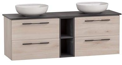 Schildmeyer Waschtisch Doppelwaschtisch Maxim 701847, rundes Aufsatzbecken, sandeiche Dekor/Marmor Optik