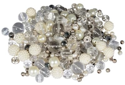 Rayher Glasperlenmix mit Effektperlen, weiß/silber-Töne, Box 100 g, Glasperlen/Metallicperlen Sortierung, Farb- und Größenmix, verschiedene Formen, Perlen zum Auffädeln, Schmuckperlen, 14877102