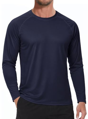 SMENG Gym T Shirts Men Raglan Sleeve Round Neck Breathable Mens Tops Long Sleeve Quick Dry Sun Protection Tops Navy L