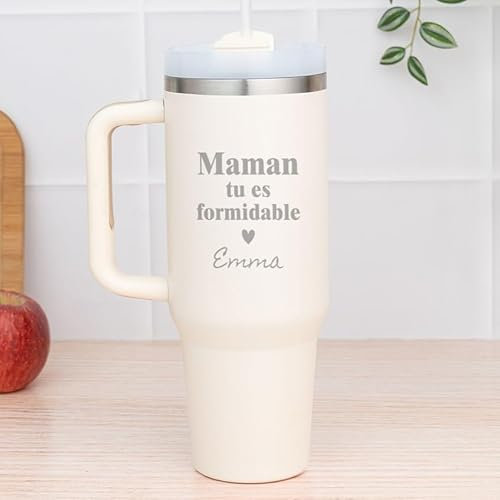 Wanapix | Mug Thermique XL Double Couche Personnalisé | Capacité 1,2l | Couleur Blanc | Conserve le Froid et le Chaud pendant des Heures | Personnalisation par Gravure | Maman tu es formidable