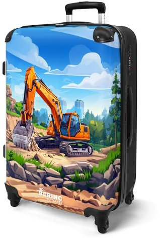 NoBoringSuitcases.com® Koffer Kinder Groß 67x43x25 cm Reisekoffer Kinderkoffer 4 Rollen Leicht Koffer Trolley Mittelgroß Hartschalenkoffer Kind Bagger - Baustelle - Landschaft