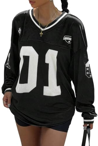 GORGLITTER Damen Langarm Shirt Y2K Oberteile Jersey T-Shirt Langarmshirt mit Buchstaben Oversized Casualshirt Streatwear Frühling Outfits Schwarz M
