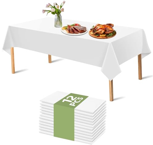 12 Stück Einweg Tischdecke Weiß, 274x137cm Wasserdicht Tischdecken Einwegtischdecke Gartentischdecke PEVA Kunststoff Tischbezug Weiße Tischdecke einweg für Biertische, Party, Geburtstag
