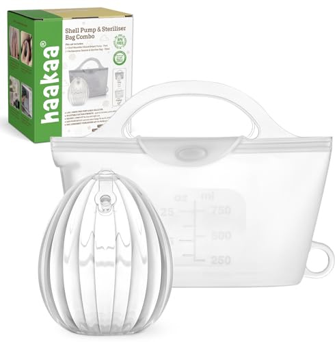 haakaa Wearable Silicone Breast Pump with Steriliser Bag, 2-in-1 Hands-Free Passive Breast Milk Catcher for Nursing Mom, Breastfeeding Essentials, 75ml Shell Pumps & 1 Steriliser Bag - Frosted
