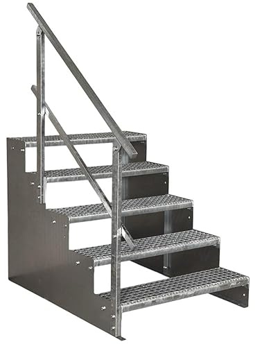 SRM Design 5 Stufen Standtreppe Wangentreppe Gitterrosttreppe Außentreppe Industrietreppe Modell 2 verzinkt Tritthöhe 18 cm, Breite 110 cm, Höhe 90 cm 1x Geländer