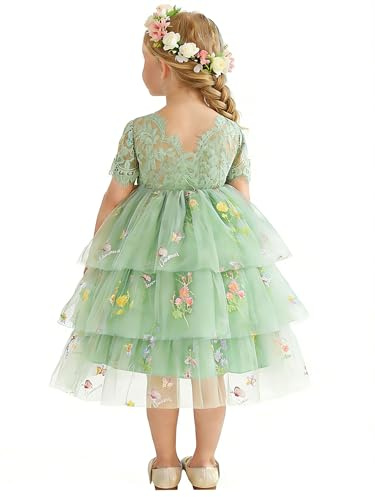 ZOEREA Mädchenkleid Spitze V-Rückenausschnitt Kleid Mädchen Festlich Blumenstickerei Tüllkleid Hochzeit Blumenmädchenkleider 2-8 Jahre
