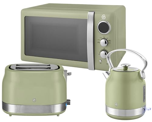 Swan Retro Revive Green 1.7L 3KW Traditional Stovetop Inspired Design Kettle, 2 Slice Toaster & Retro 800W 20L Microwave. Matching Vintage Design Kitchen Set in Green with Chrome Accents