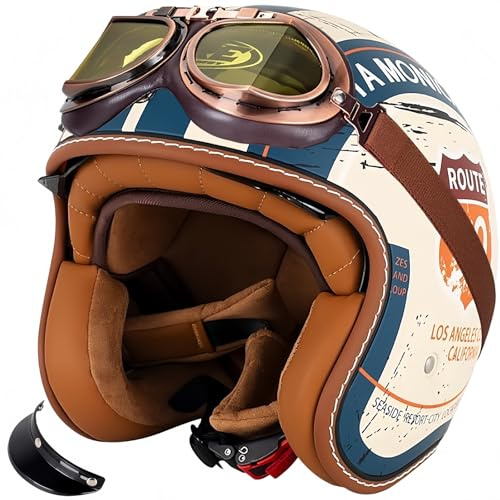 Casque Moto Vintage Casques Jet avec Visière Casques Bols Casque Mobylette pour Adultes Homme Et Femme avec Lunettes Homologué Dot/ECE Rétro Demi Casque Moto Vélo Scooter Chopper