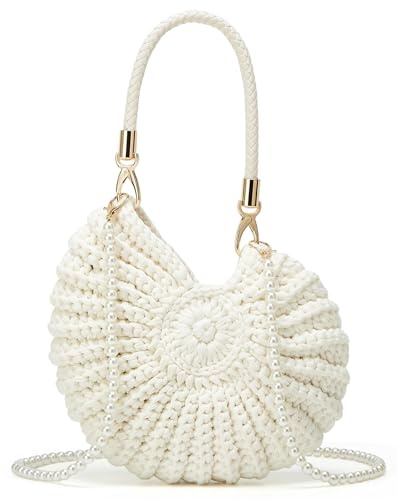 Handgefertigte gehäkelte Muscheltasche – Damen-Boho-Strand-Tragetasche mit Perlen-Akzent, gehäkelte Muschel-Geldbörse für den Sommerurlaub, Schulter-Umhängetasche, Hobo-Clutch