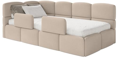 Selsey Jugendbett 120x200cm Beige Chenille Stoff mit Matratze und Lattenrost, Polsterbett mit Stauraum und Bettkasten, Kinderbett mit 2 Schutzbarrieren, Jugendbett linksseitig