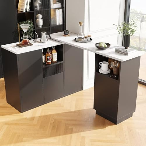 DRIXNO 360° Rotating Corner Bar Cabinet with Marble Effect Top, Modern Swivel Bar Table with Open Storage & 1 Drawer, Space-Saving Bar Unit for Kitchen, Living Room, Dining Room, Black