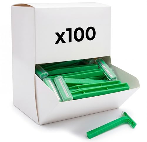 KMINA Cuchillas de Afeitar Desechables con Peine, Doble Hoja | 100 uds, Maquinillas de rasurado para hombre y mujer, acero inoxidable sin látex, mango termoplástico, uso hospitalario