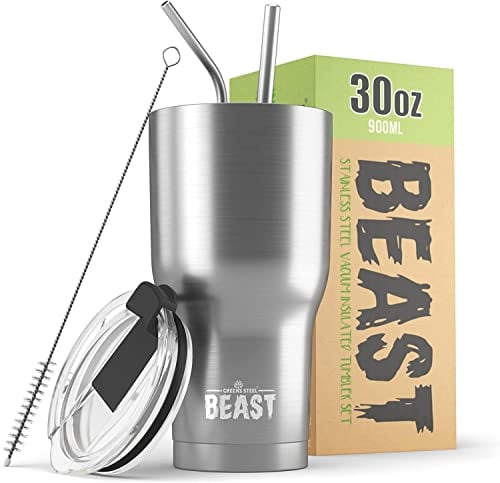 BEAST Mug Isotherme Cafe - 900ml I Argenté I Acier Inoxydable I Réutilisable, Tasses Isothermes I 2 Pailles et Brosse Nettoyage I Thermos Cafés de Voyage Double Paroi I Café Chaud ou Glacé