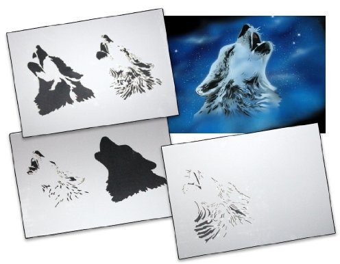UMR-DESiGN AS-001 Wolfkopf Step by Step Schablone für Acryl, Airbrush, Spray, Lacke und Wandfarbe Größe XL