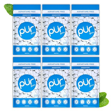 PUR Gum | Chewing-Gum Sans Sucre | Au Xylitol | Végétalien, Sans Aspartame et Sans Gluten | Gum Naturel Au Goût De Peppermint, 55 Pièces (Lot De 6)