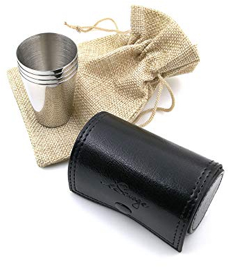 iSavage Shot Glasses with Black Leather Case Set of 4 18/8 Stainless Steel, 1pc Cloth Bag-YM201