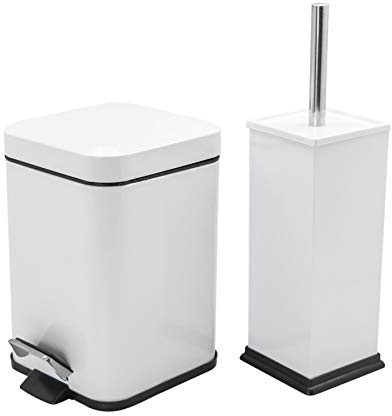 Harbour Housewares Bathroom Bin & Brush Set - White - 2pc Square Stainless Steel Pedal Bin & Toilet Brush Set Slim Small Trashcan for Kitchen Waste, Bathroom Rubbish