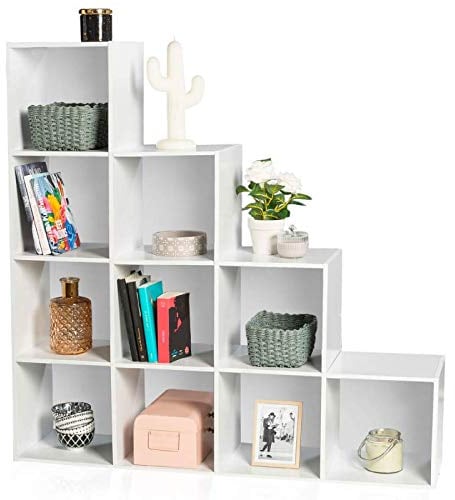 IDMarket - Mobile portaoggetti a scala Liam a 4 livelli in legno bianco + fondo bianco