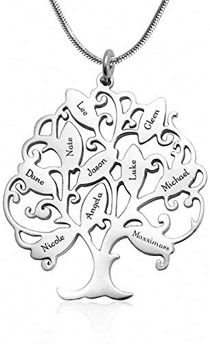 Argent Sterling 925 Collier Prenom Arbre de Vie Personnalisé Gravé de 1 à 10 Noms pour Mère Grand-mère