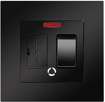 CNBINGO Switched Fused Connection Unit with Red Power Indicator, Rocker Spur Switch with Ceramic Tube Cartridge Fuse (BS1362, 6.3x25 mm), Black Screwless PC Wall Plate