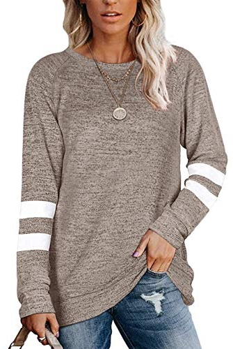 Famulily Tunic Tops for Women UK Round Neck Sweatshirt Soft Baggy Jumper Khaki L
