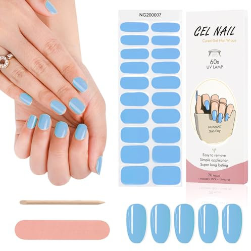 Kalolary 20PCS Nail Adhesive Wrap, Nail Gel Polish Strips Full Wraps Nail Polish Stickers Cured Gel Nail Strips Self-Adhesive Gel Nail Wrap Stickers Decals(UV/LED Lamp Required) (Sky Blue)
