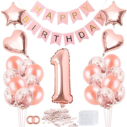 1 Jahr Geburtstag Mädchen, 1 Geburtstag Mädchen Rosegold, Luftballon 1 Geburtstag Mädchen, Geburtstagsdeko 1 Happy Birthday Banner, Konfetti 1 Geburtstag, Geburtstagsdeko Rosegold